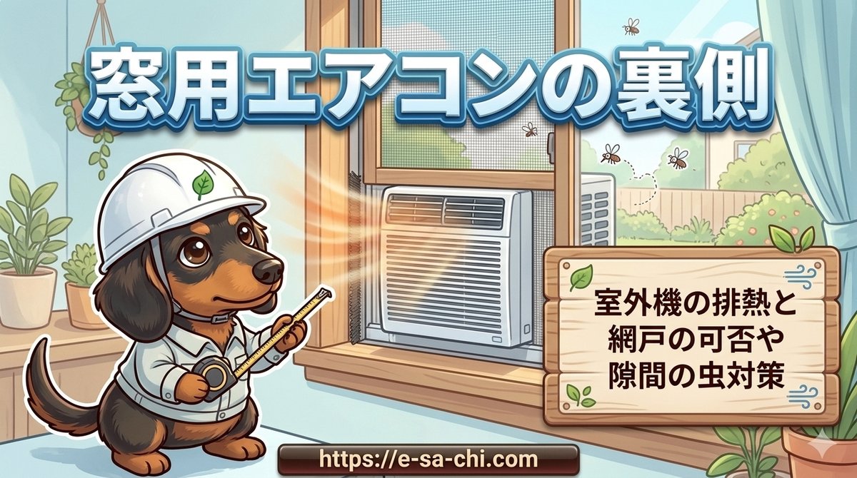 【窓用エアコンの裏側】室外機の排熱と網戸の可否や隙間の虫対策