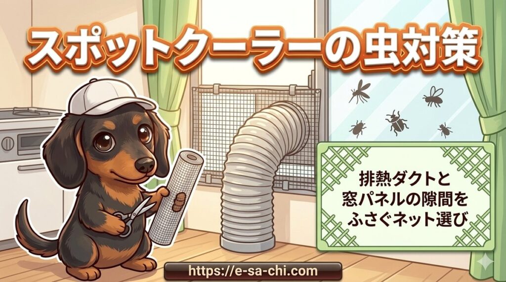 【スポットクーラーの虫対策】排熱ダクトと窓パネルの隙間をふさぐネット選び