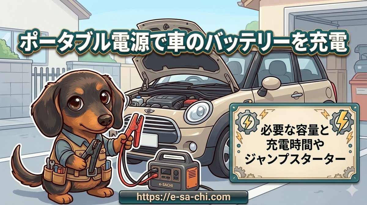 【ポータブル電源で車のバッテリーを充電】必要な容量と充電時間やジャンプスターター